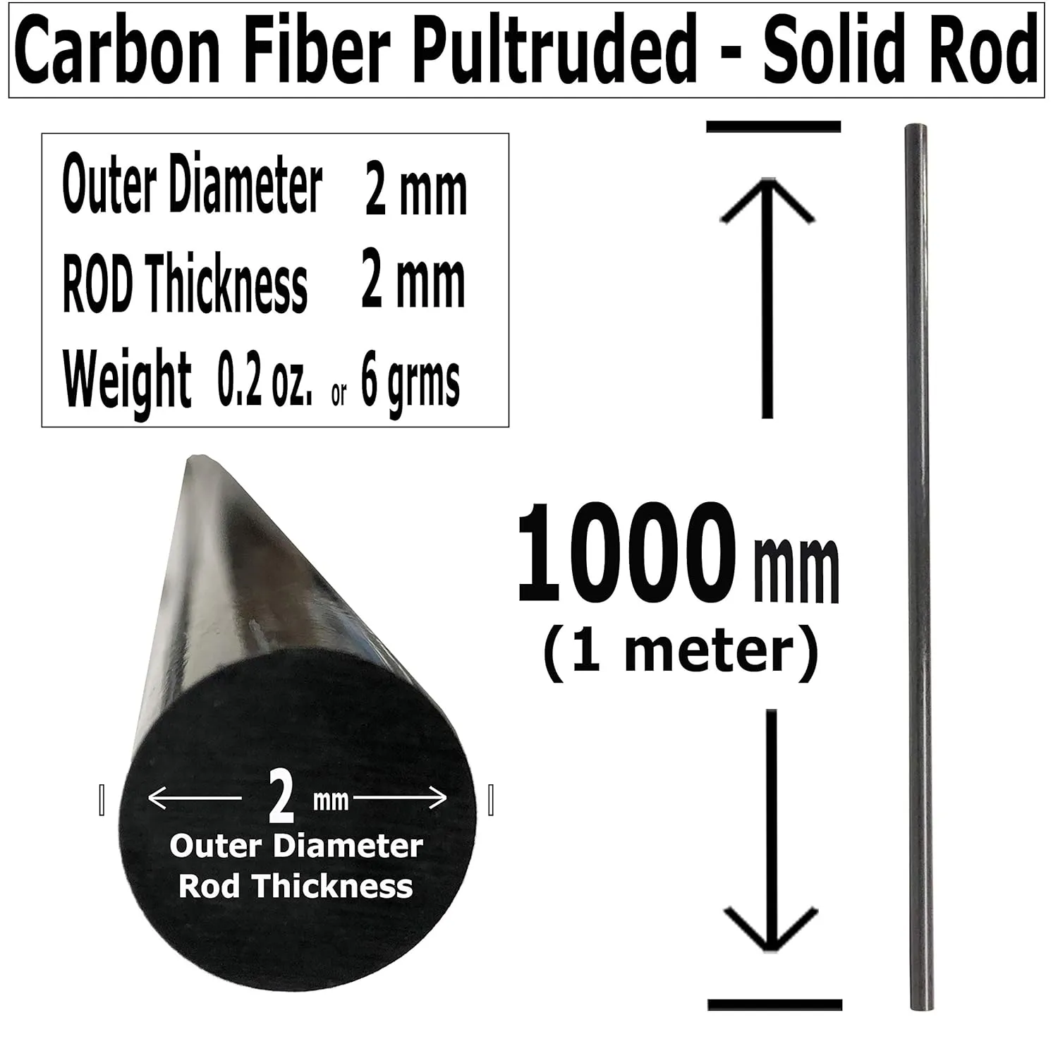 – Round Carbon Fiber Rod - 2mm X 1000mm – Pultruded Round Solid Rod - Black Matte Finish - Pure Solid Carbon Fibre Round Tube shafts - for RC Planes-Drones, Boat DIY Craft Projects