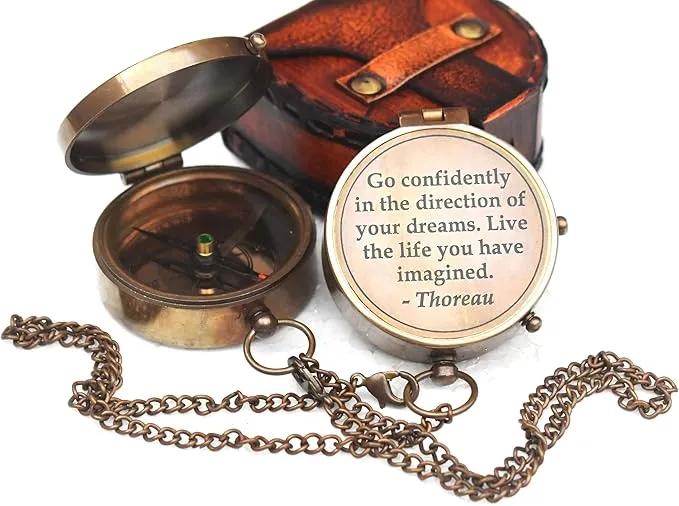 '-Thoreau's Go Confidently Graduation Gift for him, Camping Compass with Leather Pouch Boating Hiking Religious Gifts, Missionary Gifts Keepsake. Confirmation Gift Direction Compass