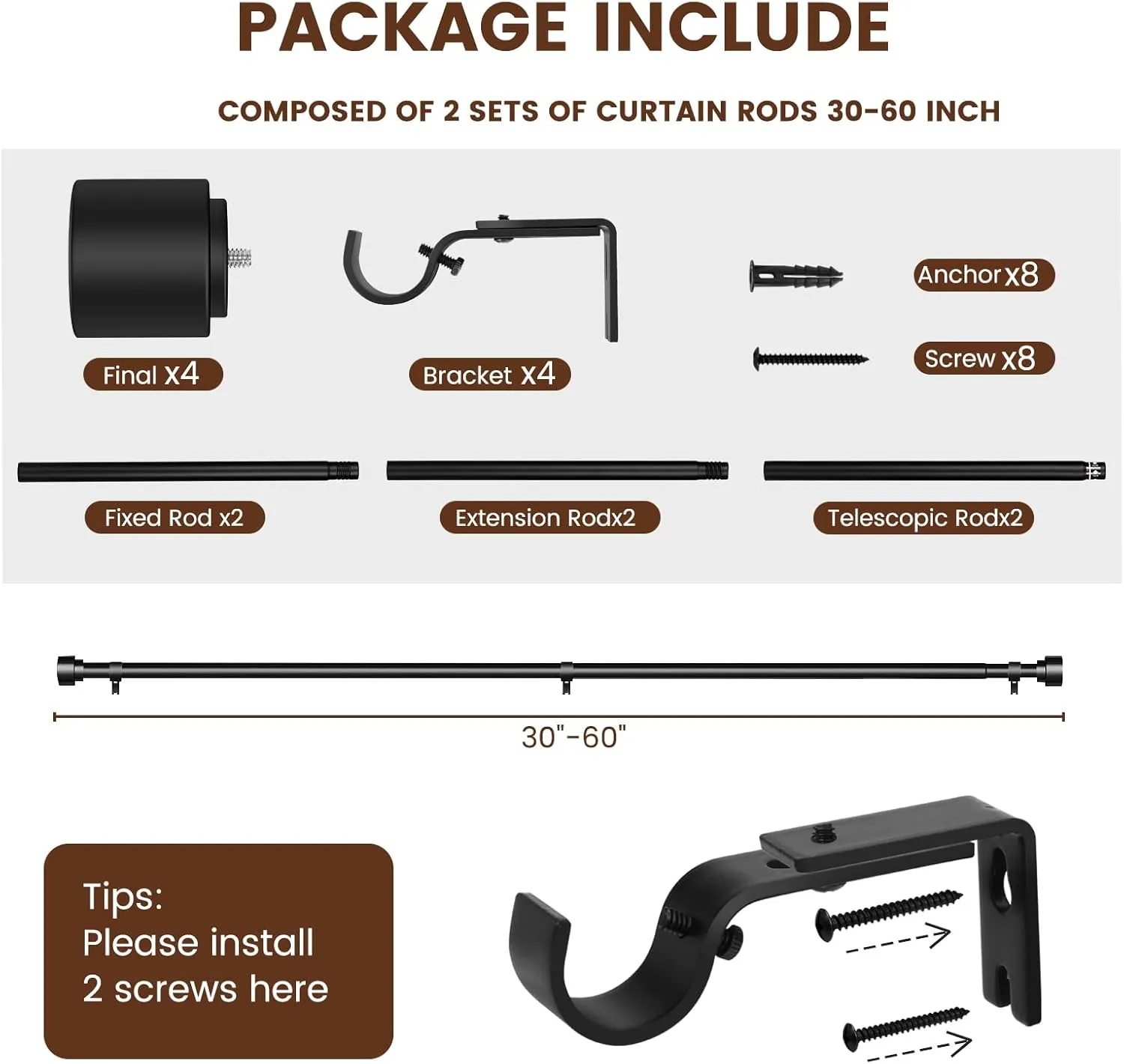 1” Diameter Matte Black Curtain Rod Itself is 30-60 inch 2 Pack, Fit 30 to 56 Windows with Heavy Duty Adjustable Telescopic Rod，Splicing Metal Extra Long Curtain Rod for Windows Sliding Glass Door