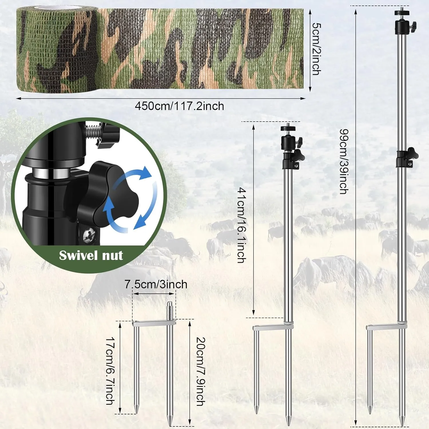 1 Pack Trail Camera Stand Mount Foldable Stainless Steel Game Camera Stand Bracket 360° Adjustable 1/4''-20 (6mm) Screw Connection Trail Stake with Camo Wrap Tapes for Deer Cam Accessories