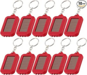 10 Pack Solar Mini Keychain Light Pocket Tiny LED Flashlight Rechargeable, Bright Small Flashlights Torch for EDC, Emergency, Power Outage,Camping, Party Favors (Red)