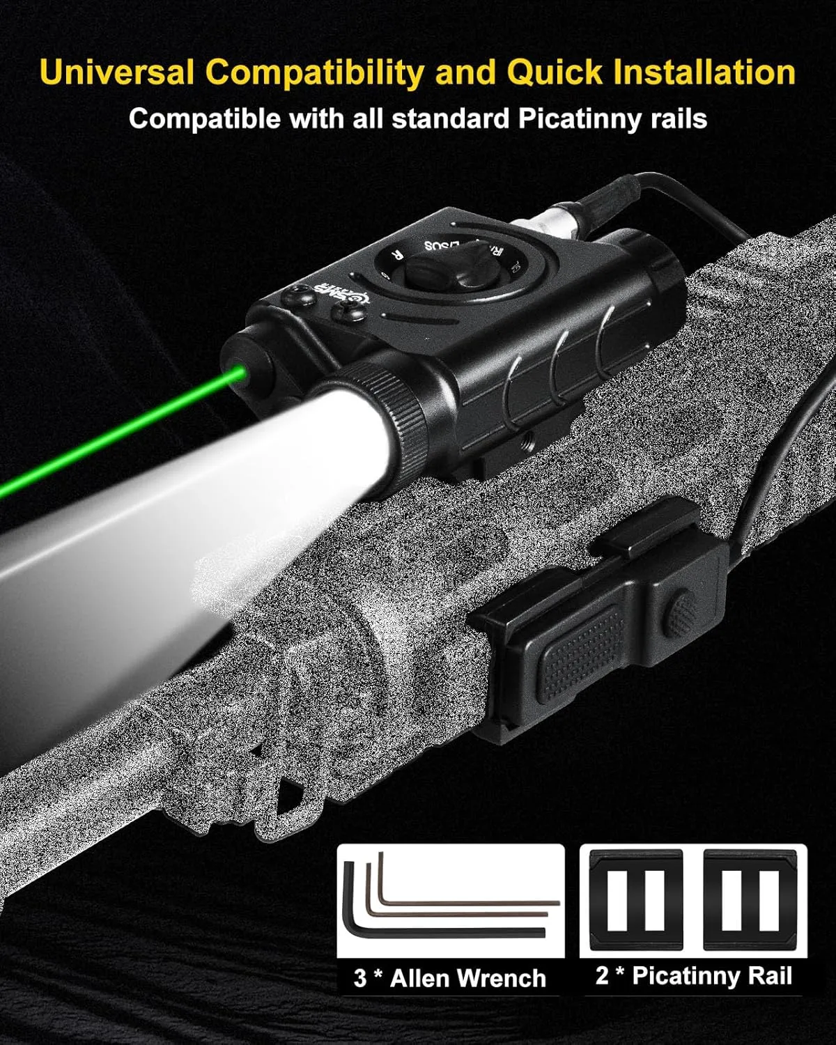 1200 Lumens Tactical LED/IR Flashlight and Green/Blue/Red/IR Laser Combo with Remote Pressure Switch, Momentary/Constant/Strobe Model Compatible with All Standard Picatinny/M-LOK Rails, Rechargeable