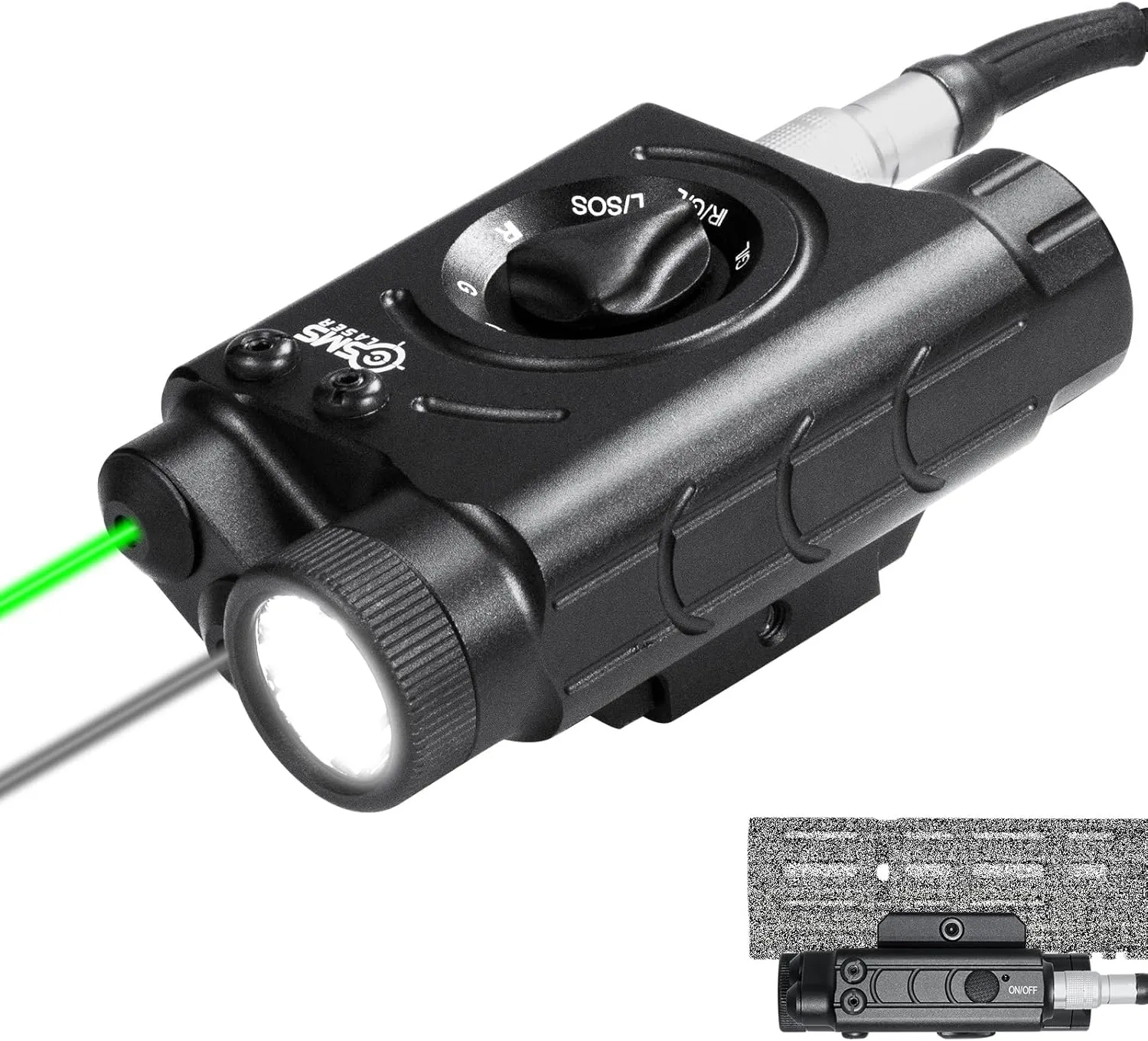 1200 Lumens Tactical LED/IR Flashlight and Green/Blue/Red/IR Laser Combo with Remote Pressure Switch, Momentary/Constant/Strobe Model Compatible with All Standard Picatinny/M-LOK Rails, Rechargeable