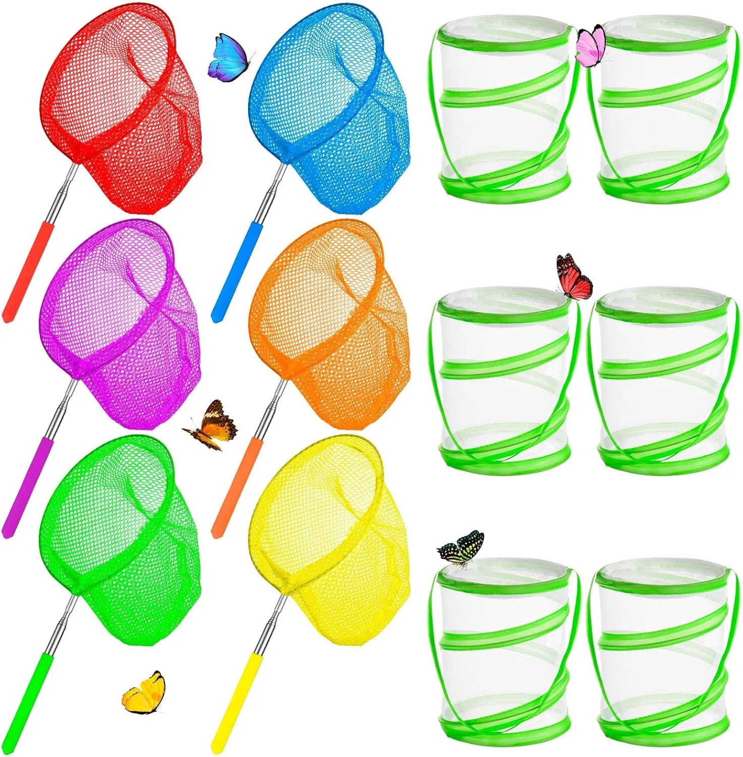 12Pcs Telescopic Butterfly Nets for Kids, Catching Insect Net Outdoor Tools, 6Pcs Insects Mesh Cages for Outdoor Explorer Catching Kits