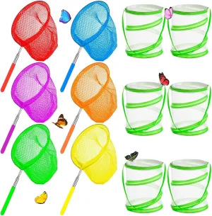 12Pcs Telescopic Butterfly Nets for Kids, Catching Insect Net Outdoor Tools, 6Pcs Insects Mesh Cages for Outdoor Explorer Catching Kits