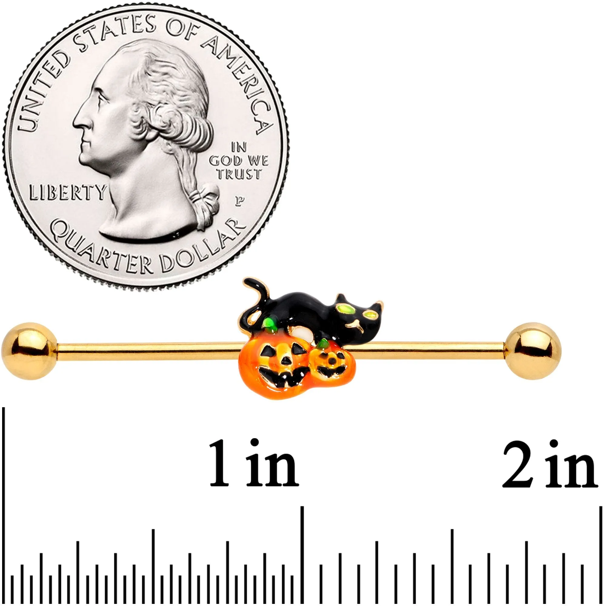 14 Gauge Halloween Black Cat Jack O Lantern Barbell Industrial 38mm