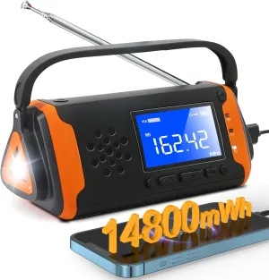 14800mWh Emergency NOAA Weather Alert Radio: Hand Crank Solar Portable Radio with Battery Operated, LCD Display, AUX Music Play, Flashlight, SOS Alarm, Emergency Phone Charger for Outdoor Emergency