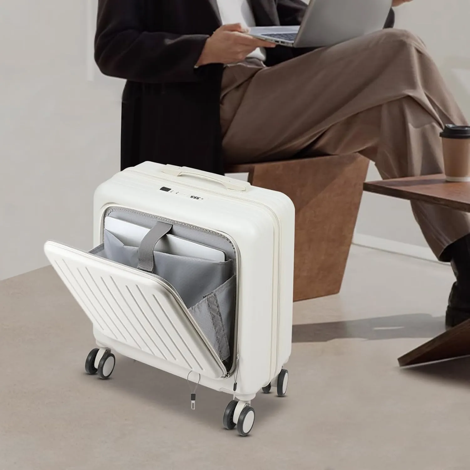 18 Inch Carry On Luggage with Front Laptop Pocket, ABS Boarding Suitcase with Cup Holder and USB Charge Port, Lightweight Travel Luggage Suitcase with Four Spinner Wheels and Lock, White