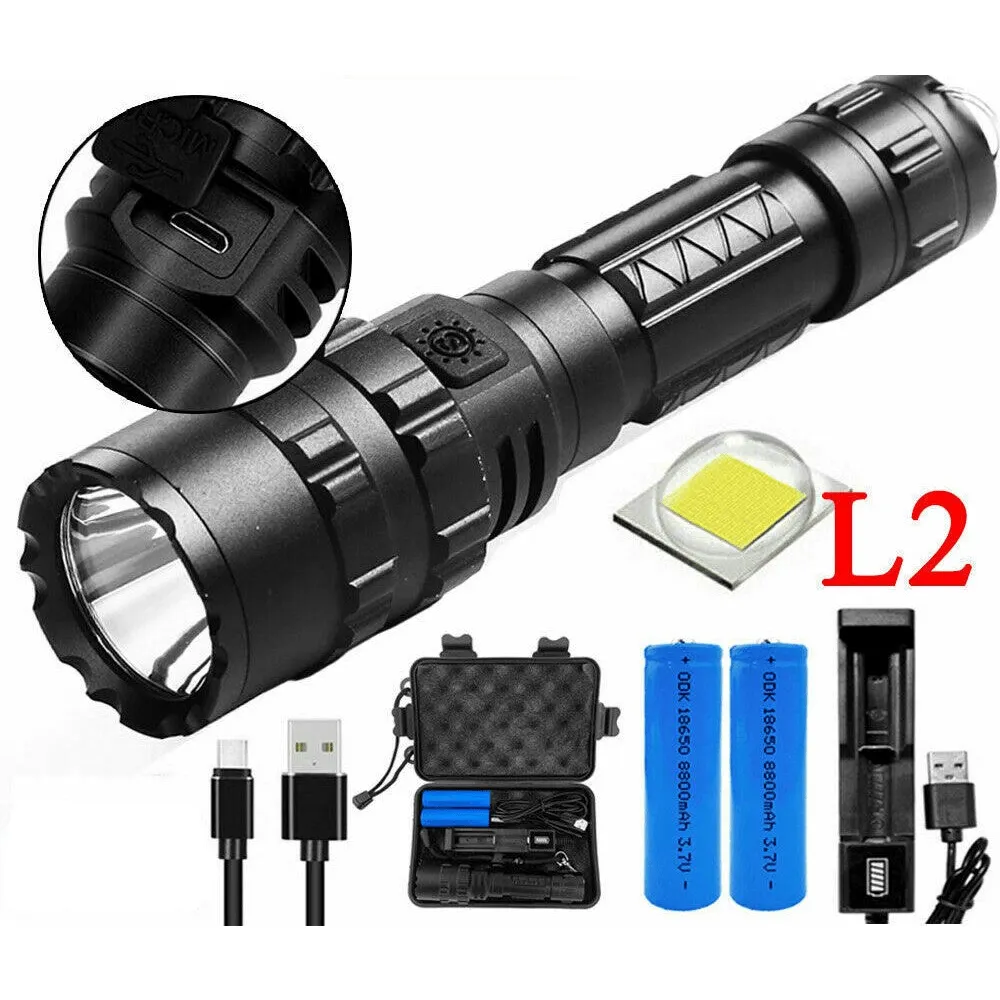 180000LM L2 LED Tactical Flashlight USB Rechargeable Camping Hunting Torch