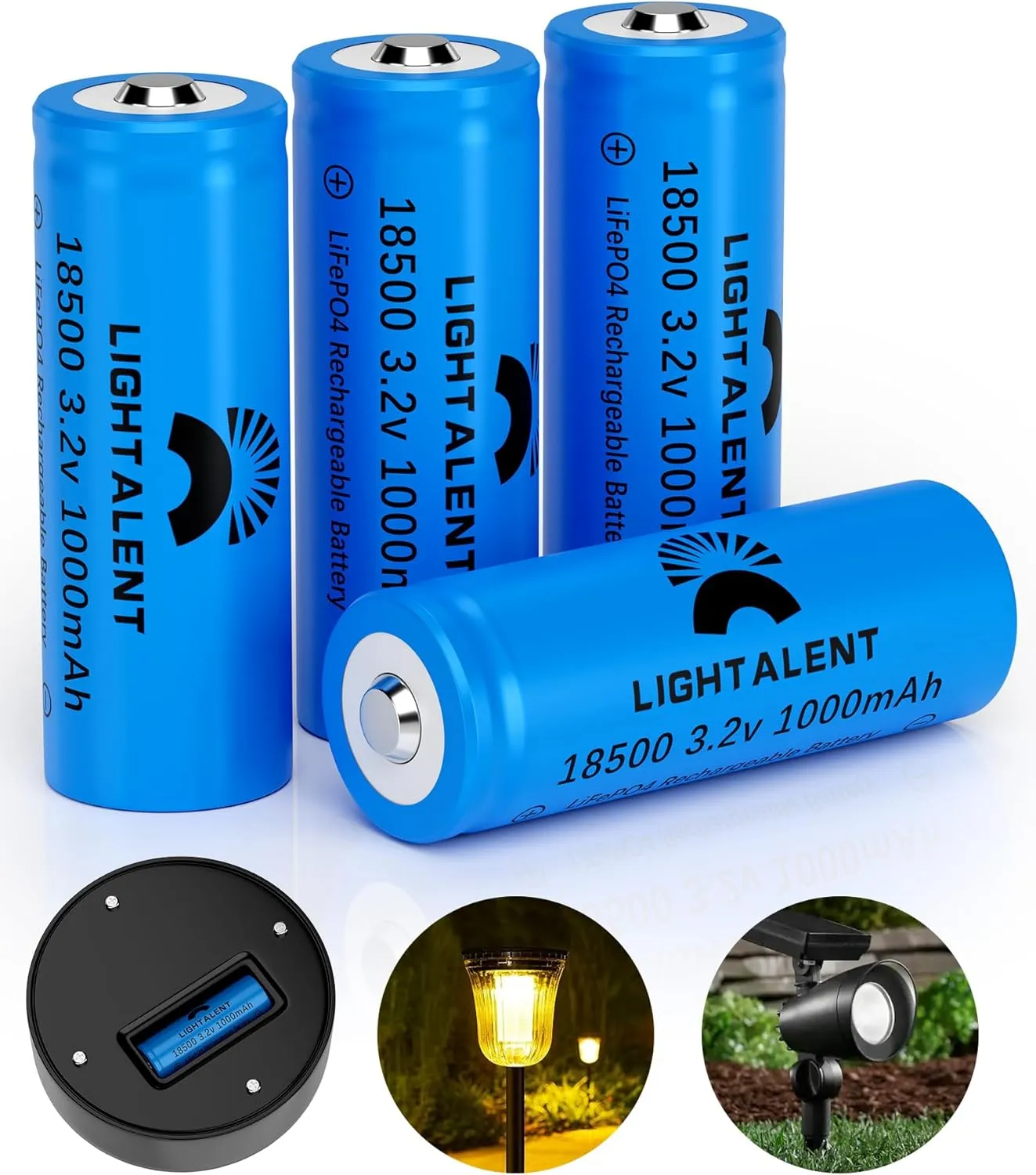 18500 3.2V Rechargeable Battery, LiFePO4 18500 3.2V 1000mAh 3.2wh Solar Batteries for Outdoor Solar Lights, Flashlight, Security System Panels (4 Pack)