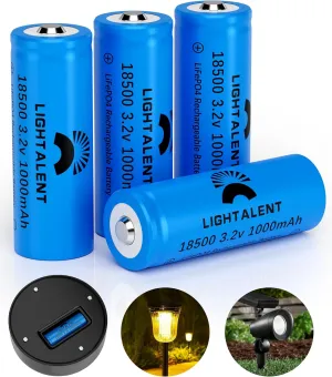 18500 3.2V Rechargeable Battery, LiFePO4 18500 3.2V 1000mAh 3.2wh Solar Batteries for Outdoor Solar Lights, Flashlight, Security System Panels (4 Pack)