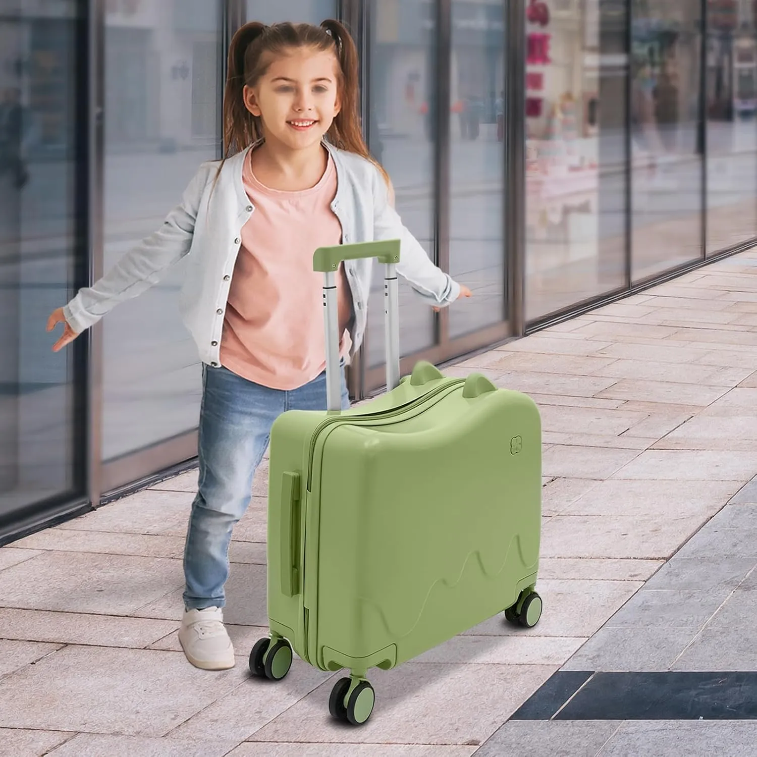 18" Kids Carry On Luggage, Ride-On Kids' Suitcase with Double Spinner Wheels, Cute Lightweight Tow-Along Luggage with Password Lock, Children's Trolly Case for Travel Study Tours (Olive Green)