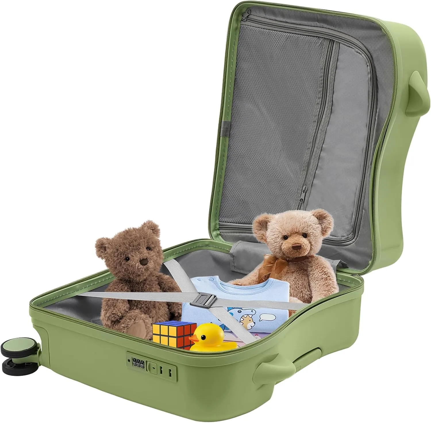18" Kids Carry On Luggage, Ride-On Kids' Suitcase with Double Spinner Wheels, Cute Lightweight Tow-Along Luggage with Password Lock, Children's Trolly Case for Travel Study Tours (Olive Green)