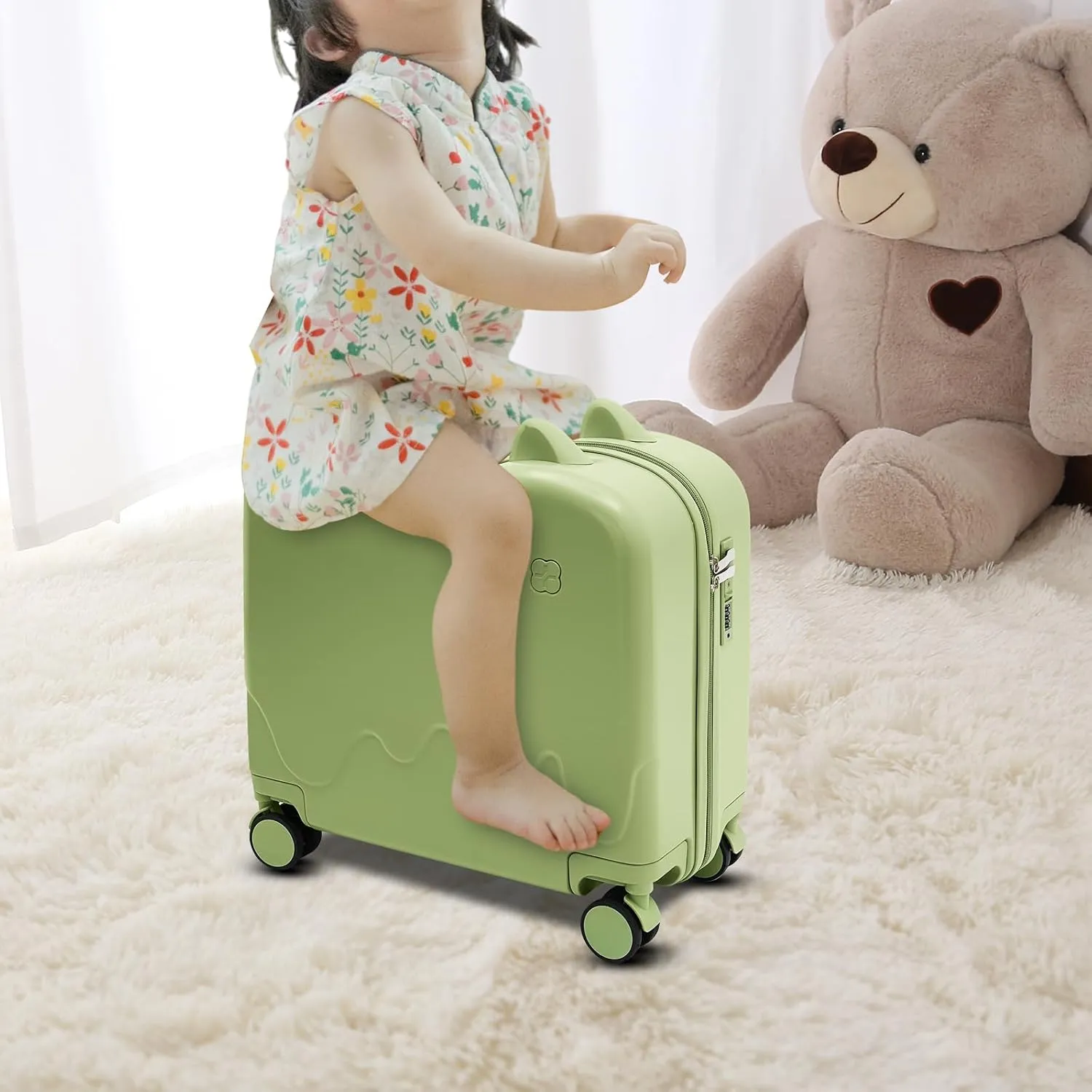 18" Kids Carry On Luggage, Ride-On Kids' Suitcase with Double Spinner Wheels, Cute Lightweight Tow-Along Luggage with Password Lock, Children's Trolly Case for Travel Study Tours (Olive Green)