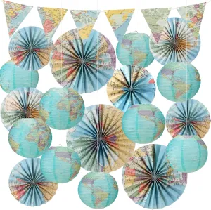 19 Pcs Map Classroom Decorations Travel Themed Party Decorations Globes Hanging Paper Lantern Fans Triangle Flags Banner for Home Earth Chinoiserie Theme Party(Green)