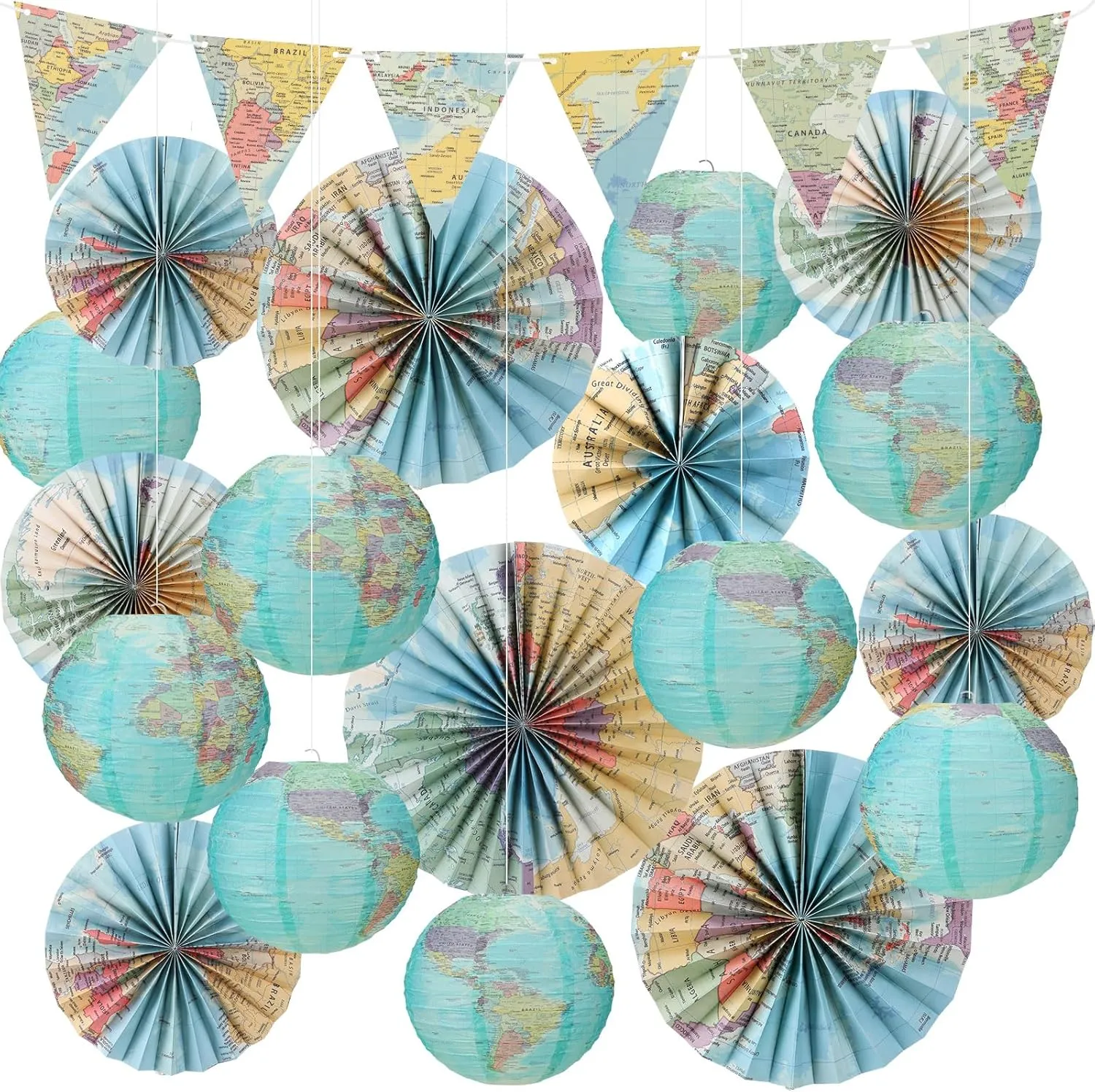 19 Pcs Map Classroom Decorations Travel Themed Party Decorations Globes Hanging Paper Lantern Fans Triangle Flags Banner for Home Earth Chinoiserie Theme Party(Green)