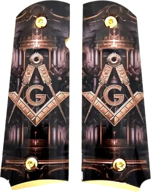 1911 Full Size Grips â€“ Freemason G Symbol Lodge Art â€“ Gold Base â€“ Ambi Cut â€“ Matching Screws â€“ Custom Pistol Grips for Colt 1911, Kimber, Springfield, Rock Island, etc.