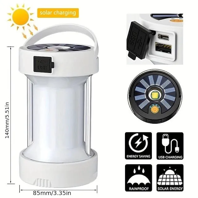 1pc USB Solar Camping Light with Magnet Work Light, 4 Lighting Modes Rechargeable Powerful Flashlight with18650 Battery