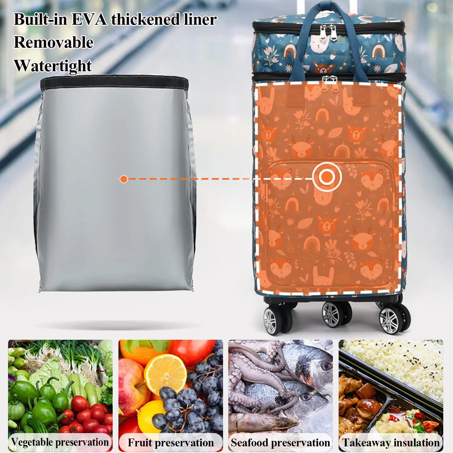 2 in 1 Shopping Cart with Wheels, Portable Utility Dolly, Luggage Cart, Foldable Hand Truck with Built-in Removable Waterproof Bag for Shopping, Camping, Travel (Animal World)
