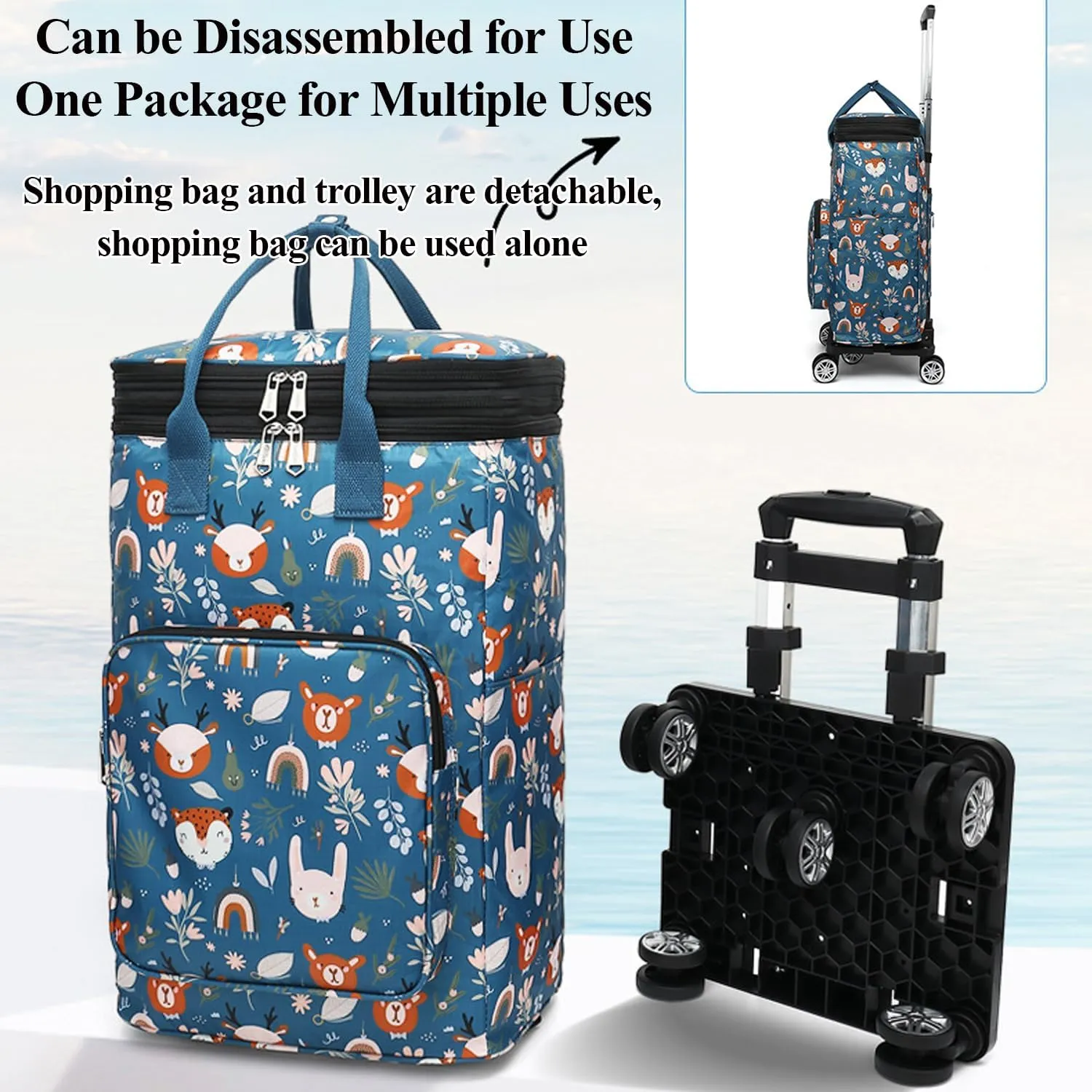 2 in 1 Shopping Cart with Wheels, Portable Utility Dolly, Luggage Cart, Foldable Hand Truck with Built-in Removable Waterproof Bag for Shopping, Camping, Travel (Animal World)