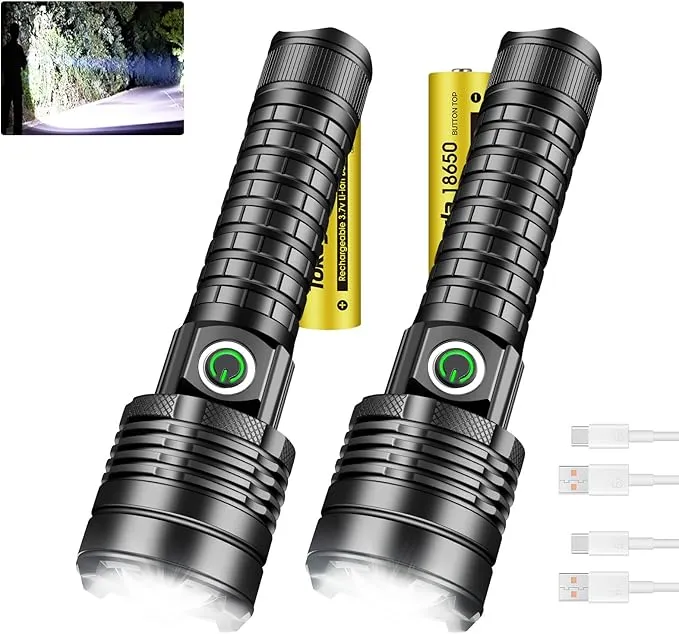 2 Pack Bright Flashlight Set, 2000LM Flashlights High Lumens Rechargeable, Zoomable 3 Modes USB C Flashlight Waterproof Led Flash Light Handheld Torch for Camping Emergency Hiking