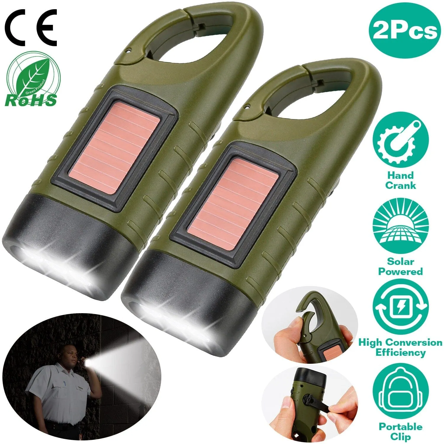 2-Pack: Hand Crank Solar Powered Flashlight
