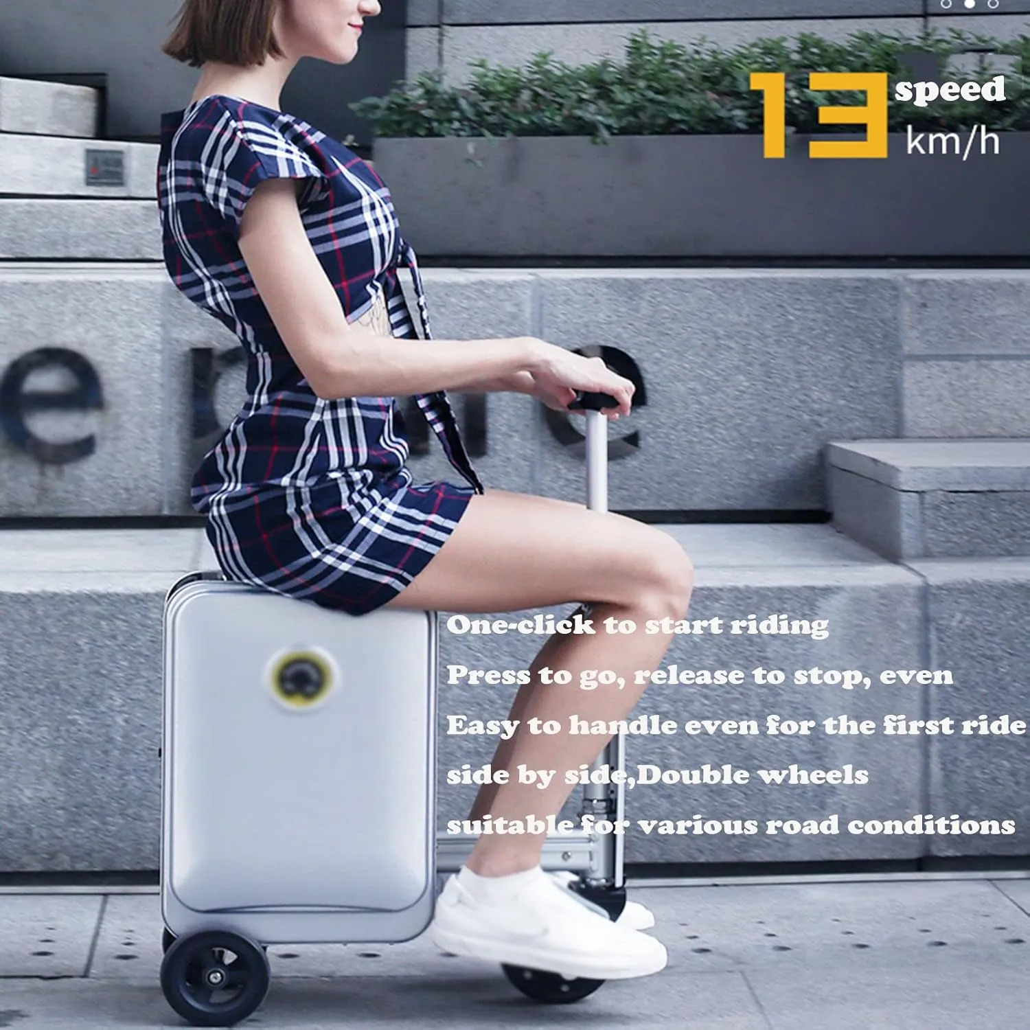 20-Inch Boarding Suitcase, Auto Follow Ride-On Roller Suitcase, Dual Charging Ports, Suitable for Traveling,Silver