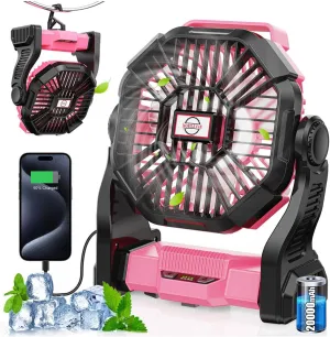 20000mAh Rechargeable Camping Fan with LED Lantern,Portable Battery Powered Outdoor Fan for Bedroom,Camping,Travel,Hiking,Beach,Office,Trave Accessories(Pink)