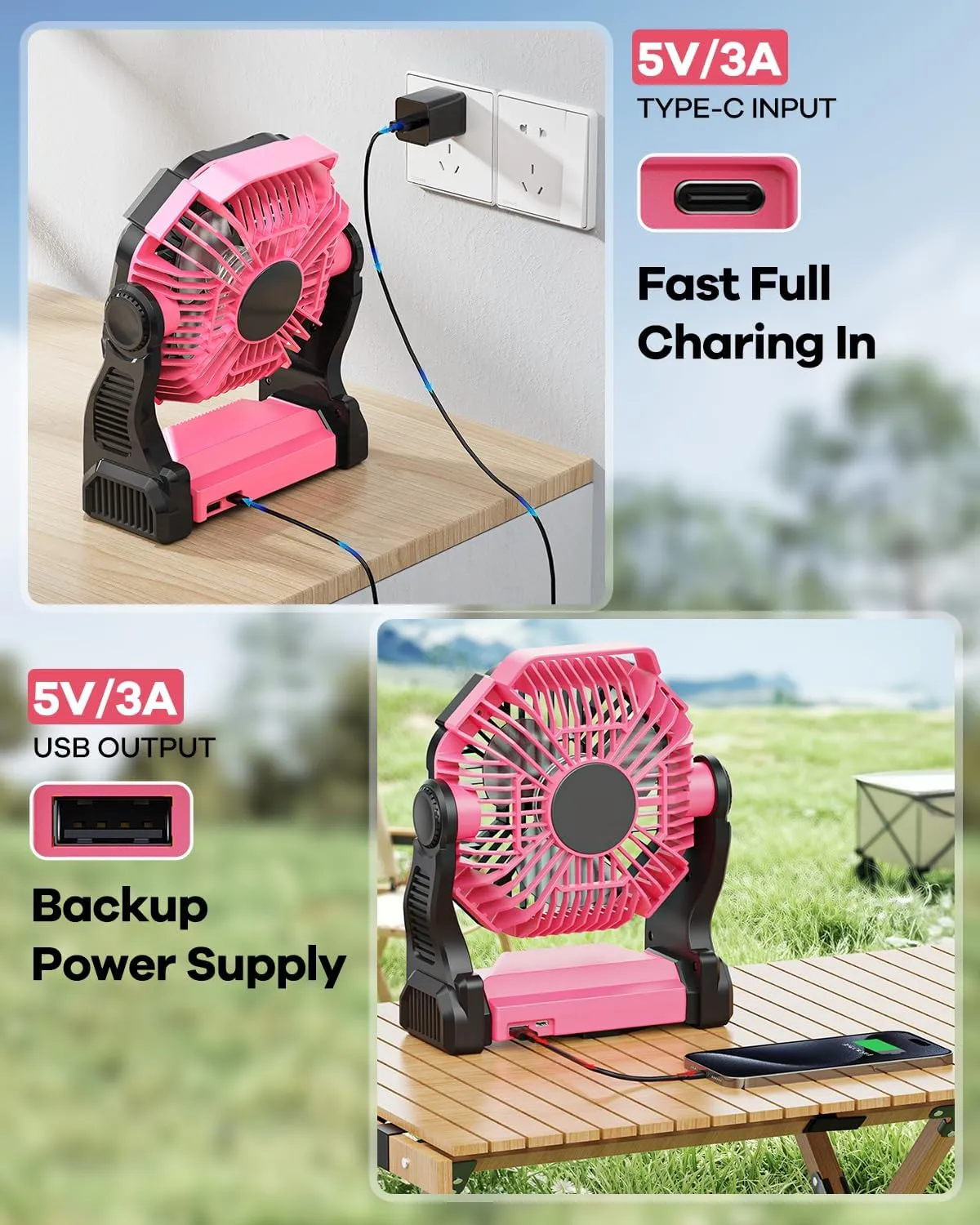 20000mAh Rechargeable Camping Fan with LED Lantern,Portable Battery Powered Outdoor Fan for Bedroom,Camping,Travel,Hiking,Beach,Office,Trave Accessories(Pink)