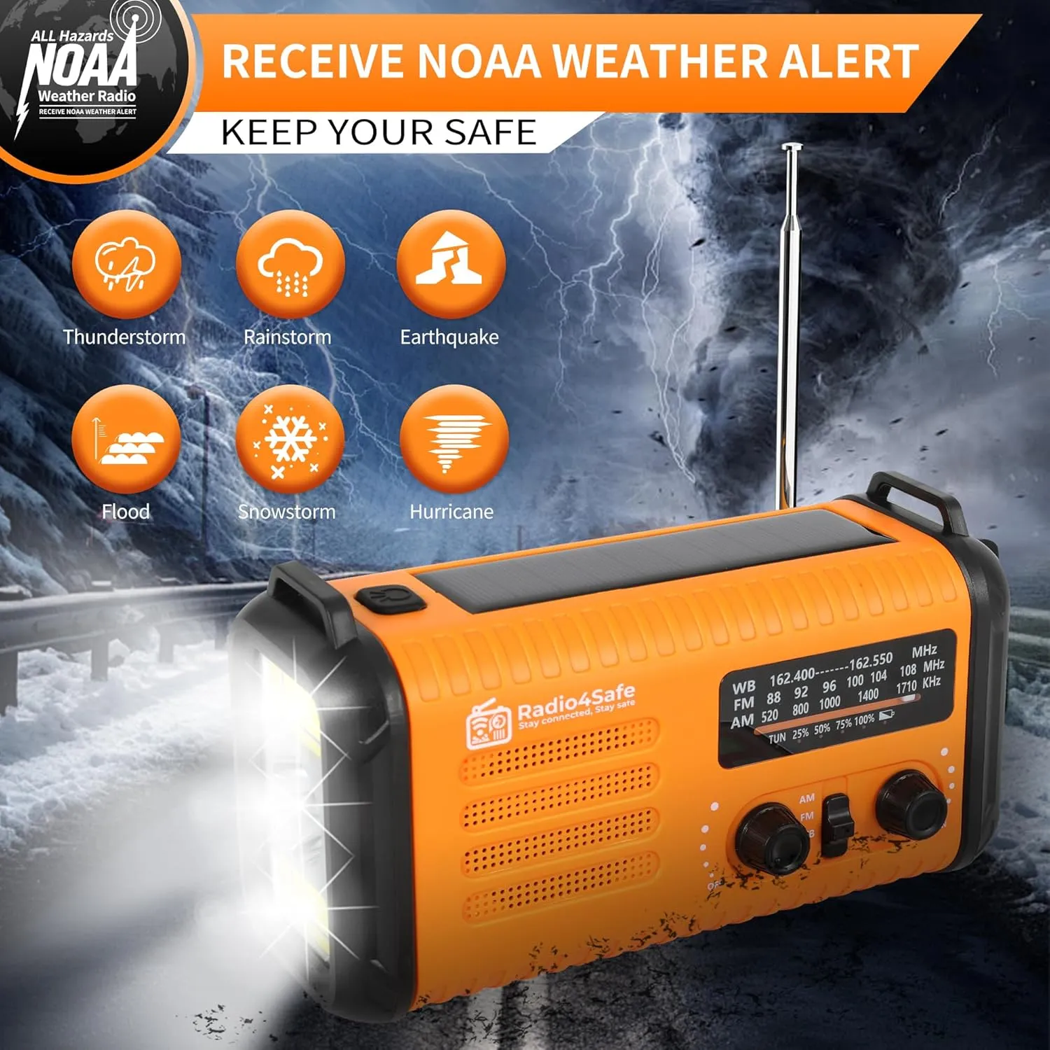 20000mAh Solar Emergency Radio, Hand Crank Radio, NOAA Weather Radio, with Flashlight, Cell Phone Charger, SOS Alarm, for Hurricane, Storm, Survival, Camping and Hiking (Orange)