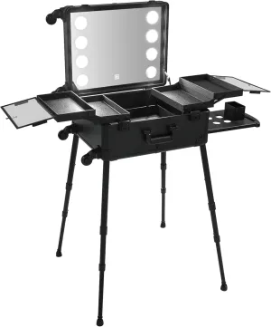 21Inch Aluminum Trolley Makeup Train Case with LED Light Professional Cosmetic Make up Cosmetic Organizer Studio,4-gear Height-adjustable Travel Cosmetic Organizer for Makeup Contests(Black)