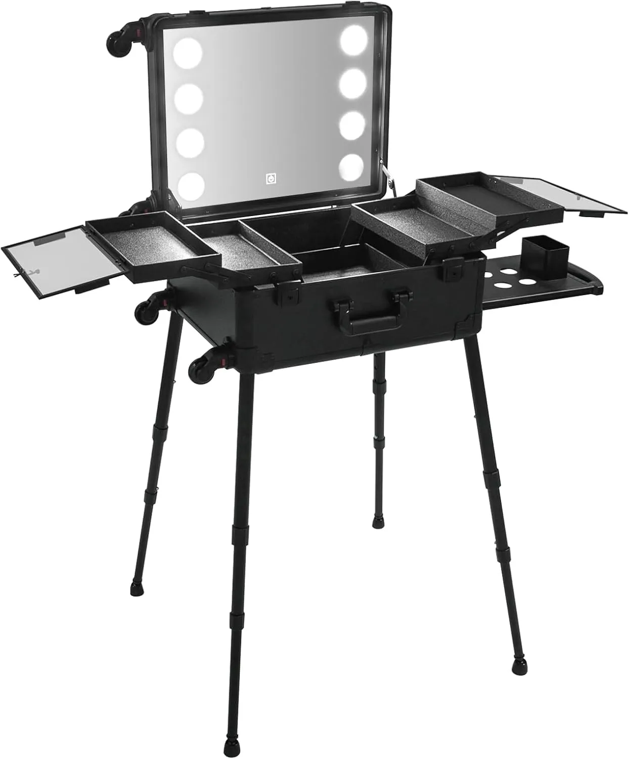 21Inch Aluminum Trolley Makeup Train Case with LED Light Professional Cosmetic Make up Cosmetic Organizer Studio,4-gear Height-adjustable Travel Cosmetic Organizer for Makeup Contests(Black)