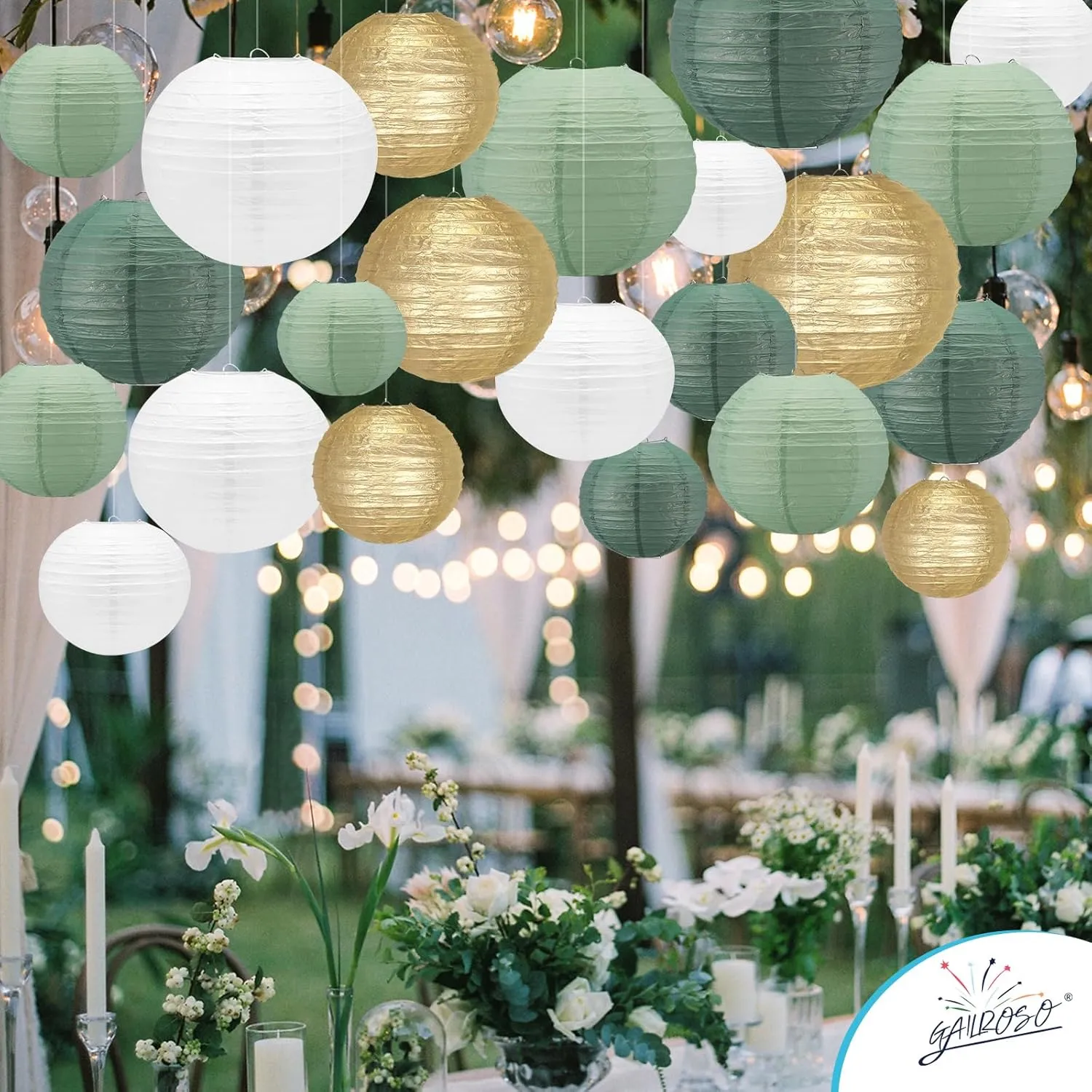 21Pcs Sage Green Paper Lanterns,4"6"8"10"12" Hanging Round Paper Lanterns Decorative with Tape and String for Bridal Shower Baby Shower Wedding Birthday Party Engagement(Gold Ivory Sage Green 21pack)