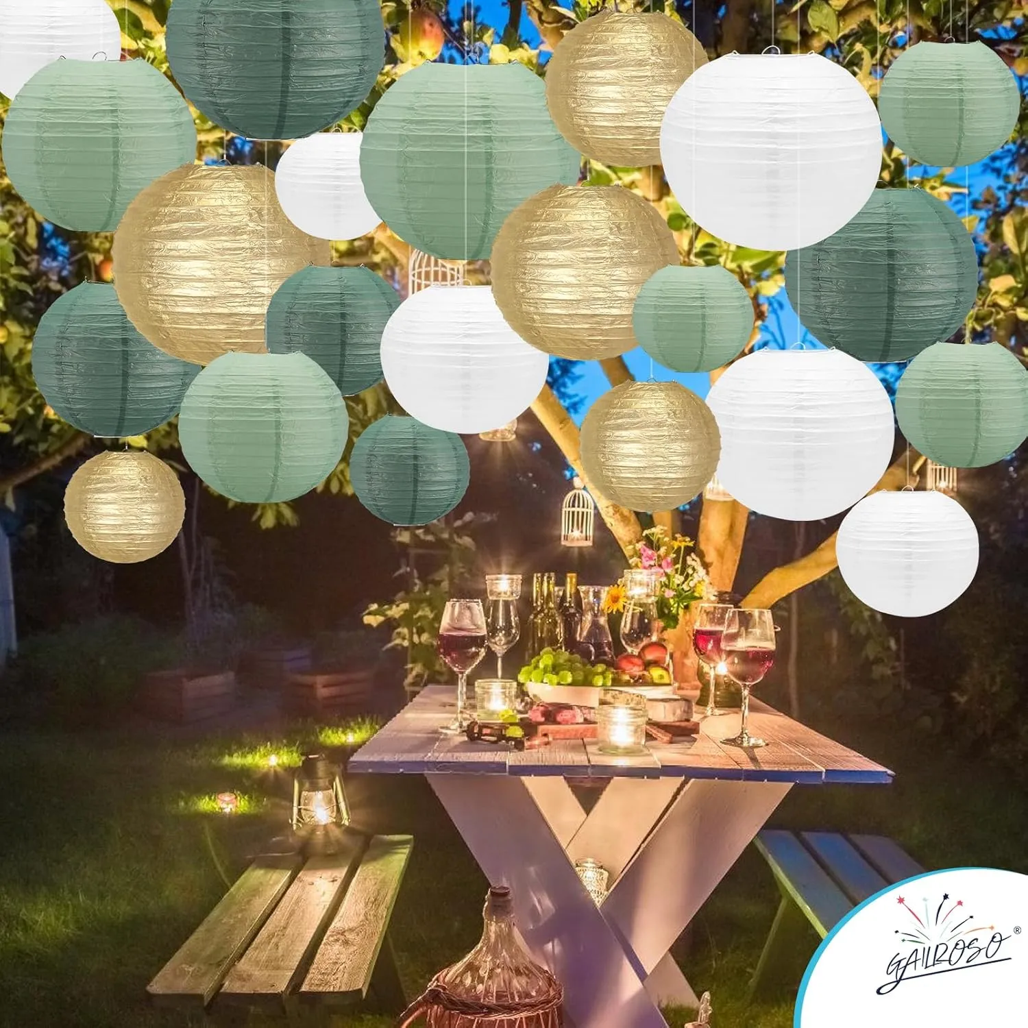21Pcs Sage Green Paper Lanterns,4"6"8"10"12" Hanging Round Paper Lanterns Decorative with Tape and String for Bridal Shower Baby Shower Wedding Birthday Party Engagement(Gold Ivory Sage Green 21pack)