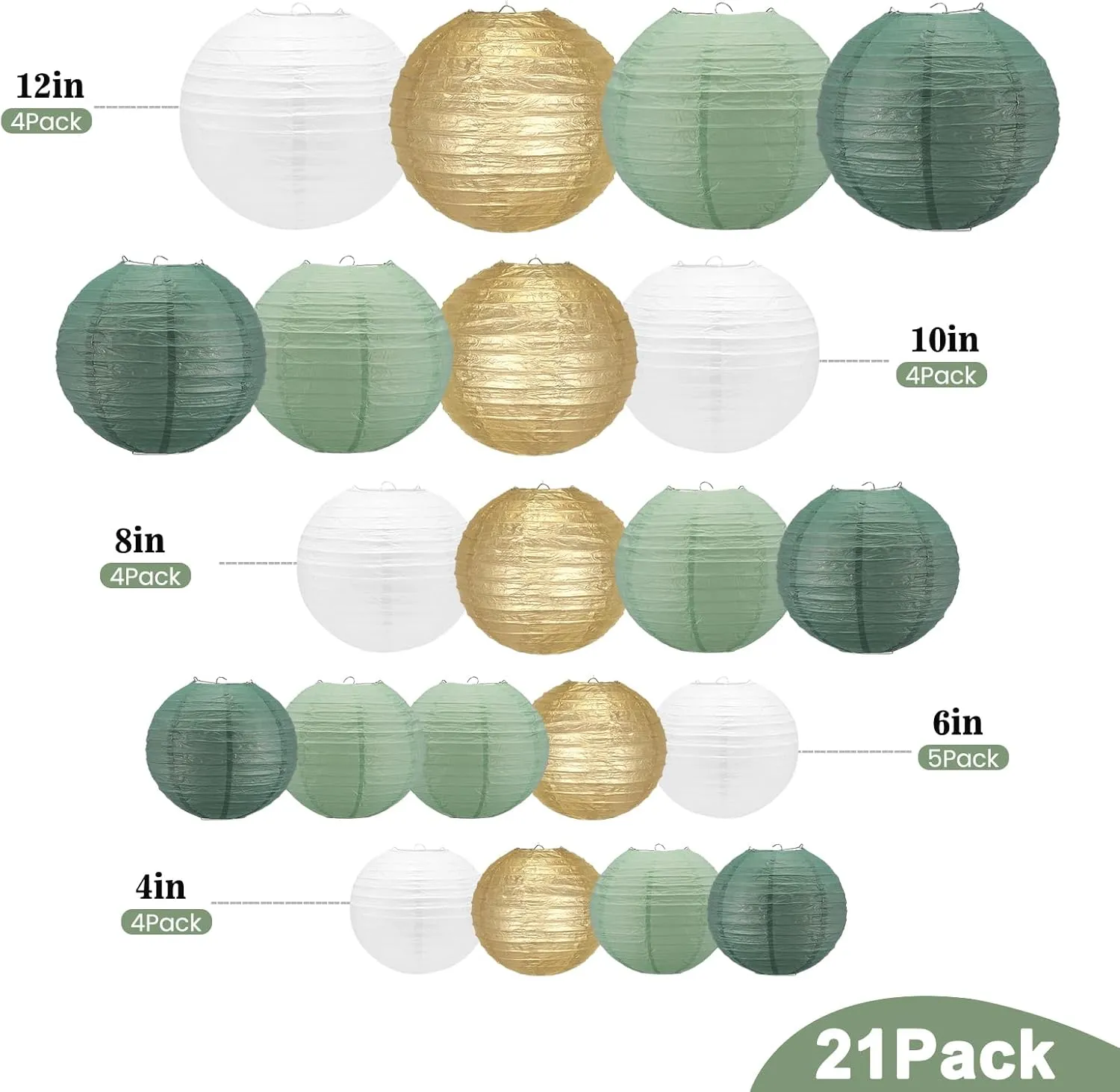 21Pcs Sage Green Paper Lanterns,4"6"8"10"12" Hanging Round Paper Lanterns Decorative with Tape and String for Bridal Shower Baby Shower Wedding Birthday Party Engagement(Gold Ivory Sage Green 21pack)