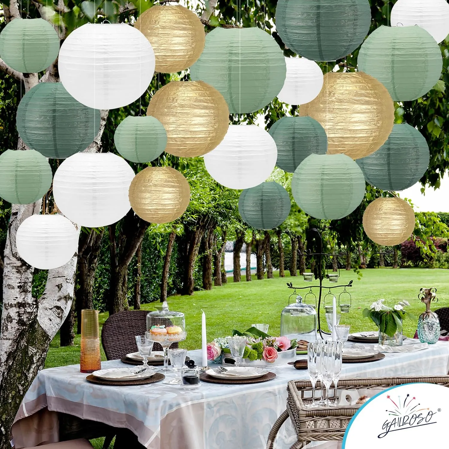 21Pcs Sage Green Paper Lanterns,4"6"8"10"12" Hanging Round Paper Lanterns Decorative with Tape and String for Bridal Shower Baby Shower Wedding Birthday Party Engagement(Gold Ivory Sage Green 21pack)