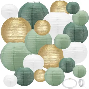 21Pcs Sage Green Paper Lanterns,4"6"8"10"12" Hanging Round Paper Lanterns Decorative with Tape and String for Bridal Shower Baby Shower Wedding Birthday Party Engagement(Gold Ivory Sage Green 21pack)