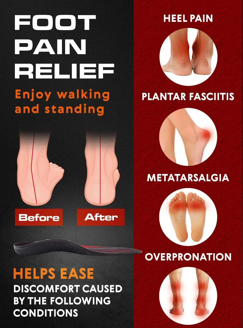 220  lbs Plantar Fasciitis High Arch Support Insoles Men Women - Orthotic Shoe Inserts - Boot Work Shoe Insole (S, Black)