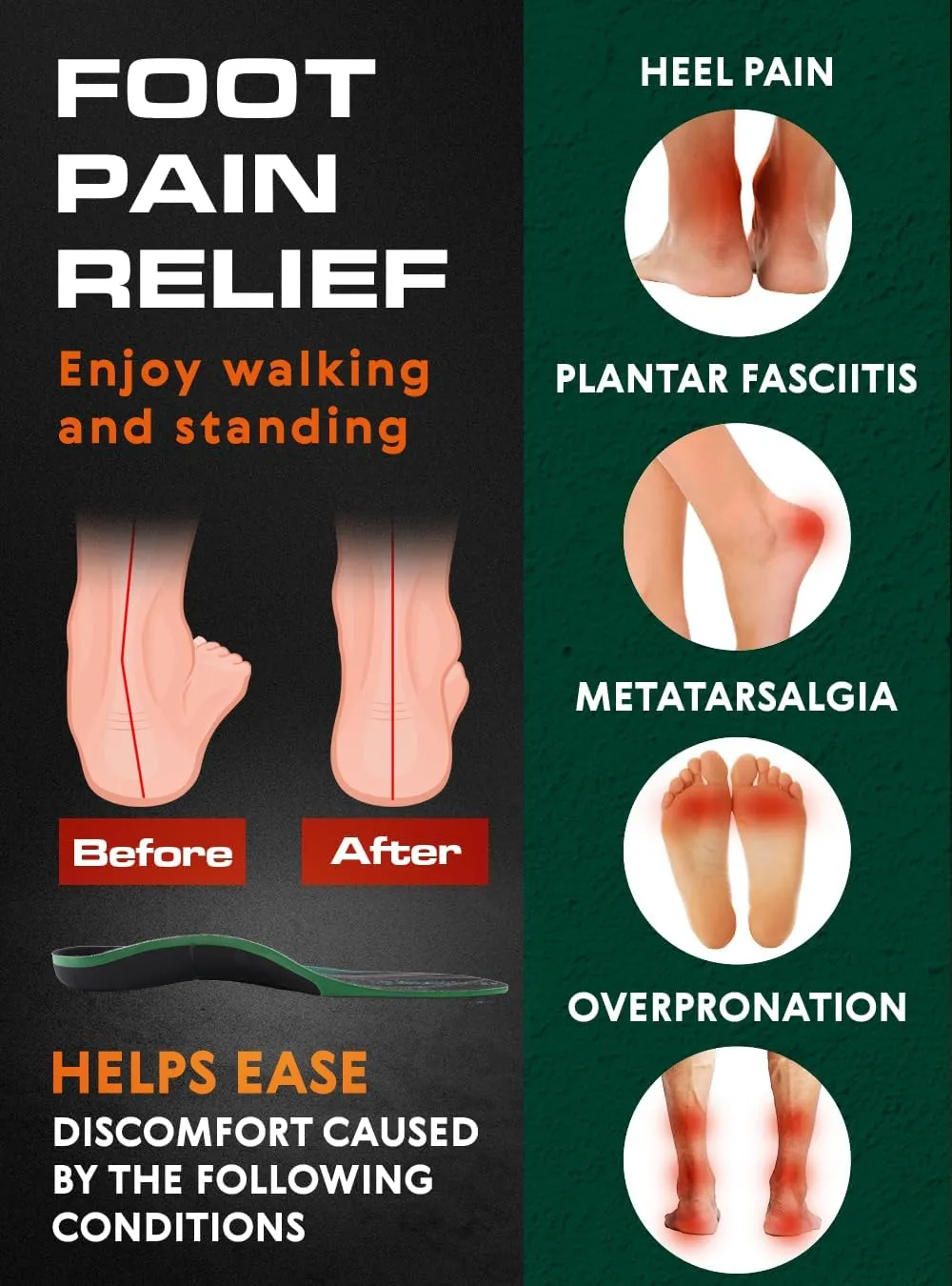 220  lbs Plantar Fasciitis High Arch Support Insoles Men Women - Orthotic Shoe Inserts - Boot Work Shoe Insole (XL, Green)