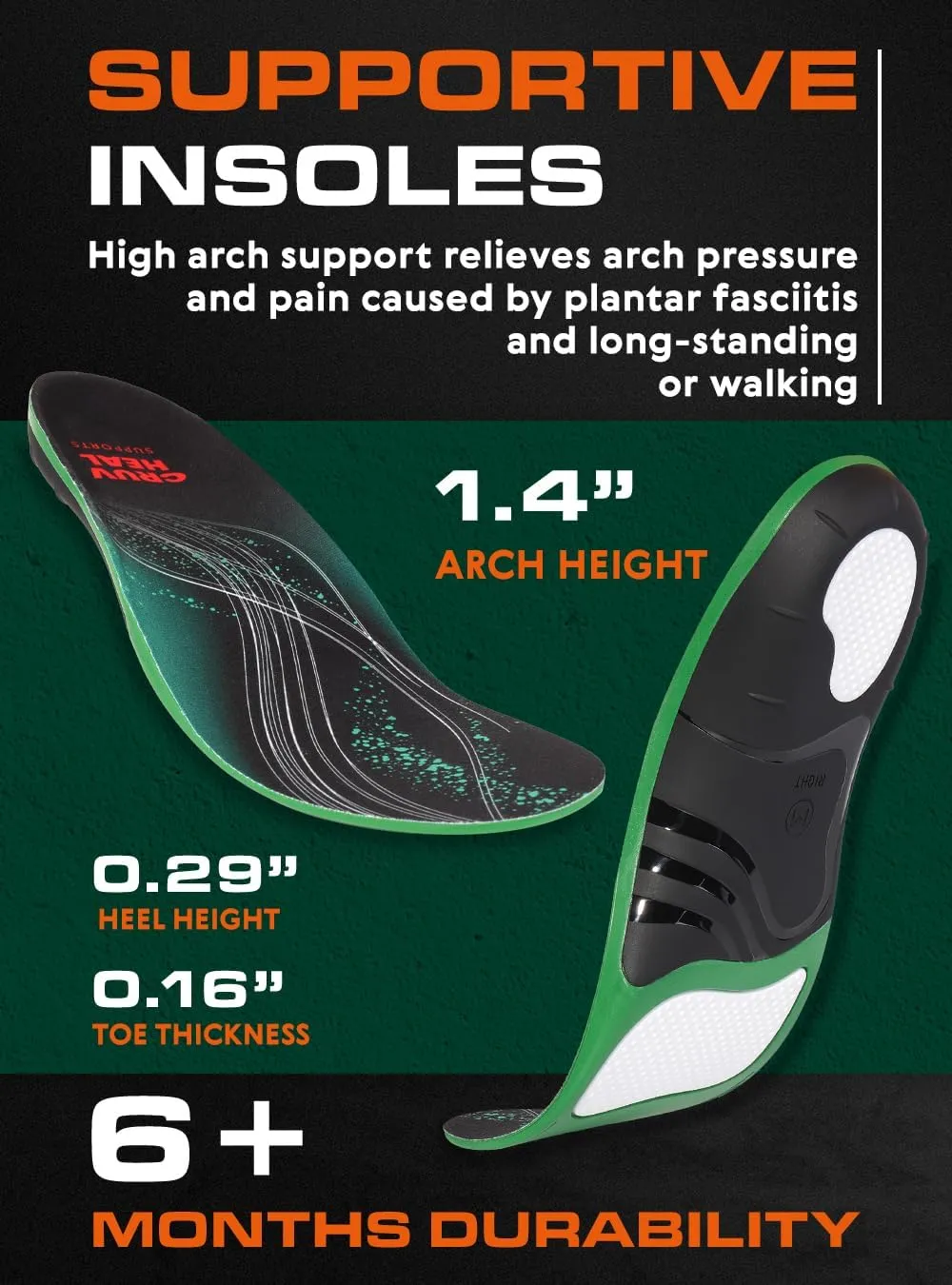 220  lbs Plantar Fasciitis High Arch Support Insoles Men Women - Orthotic Shoe Inserts - Boot Work Shoe Insole (XL, Green)