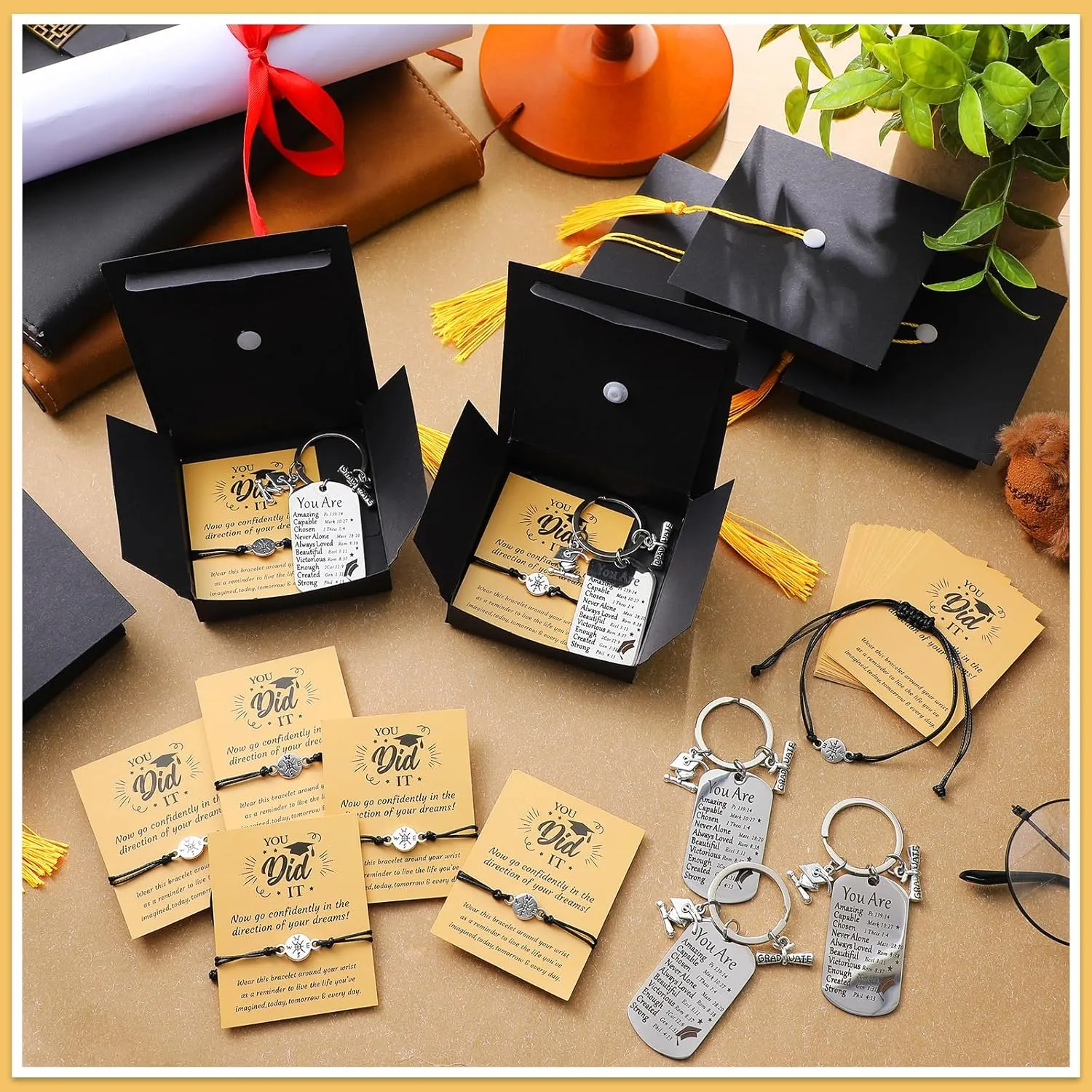 24 Sets 2025 Graduation Gifts Unisex Bracelets Comes in Cap Box with Quote Card Keychain for Class of 2025