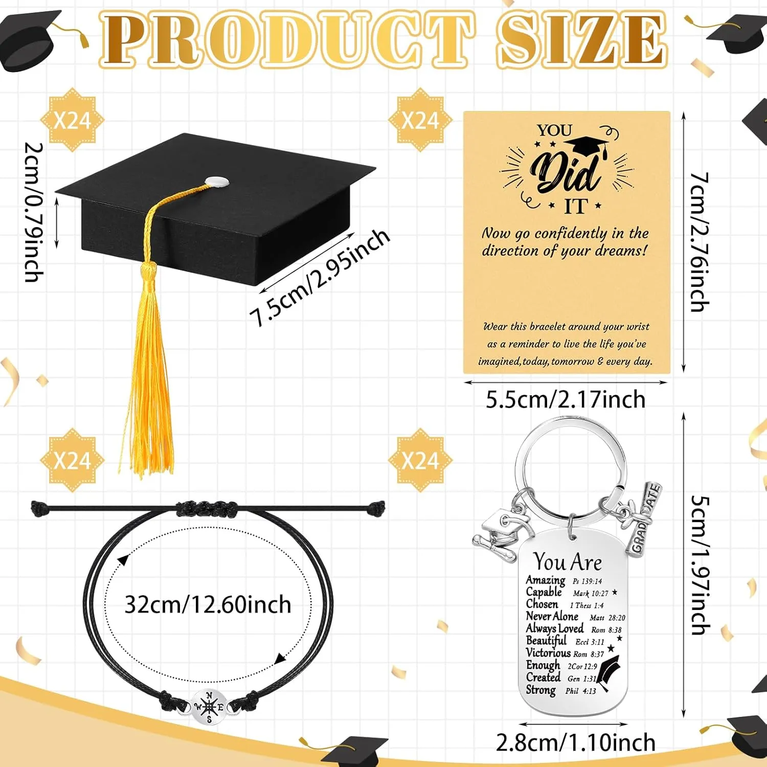 24 Sets 2025 Graduation Gifts Unisex Bracelets Comes in Cap Box with Quote Card Keychain for Class of 2025