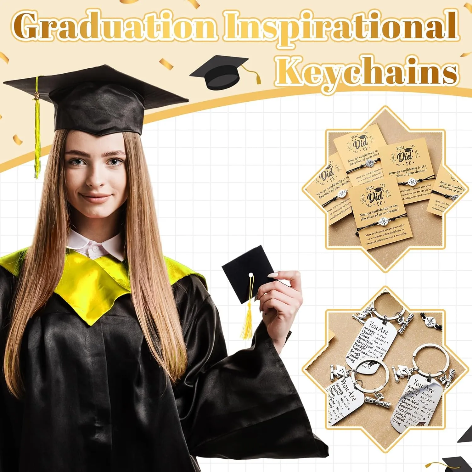 24 Sets 2025 Graduation Gifts Unisex Bracelets Comes in Cap Box with Quote Card Keychain for Class of 2025