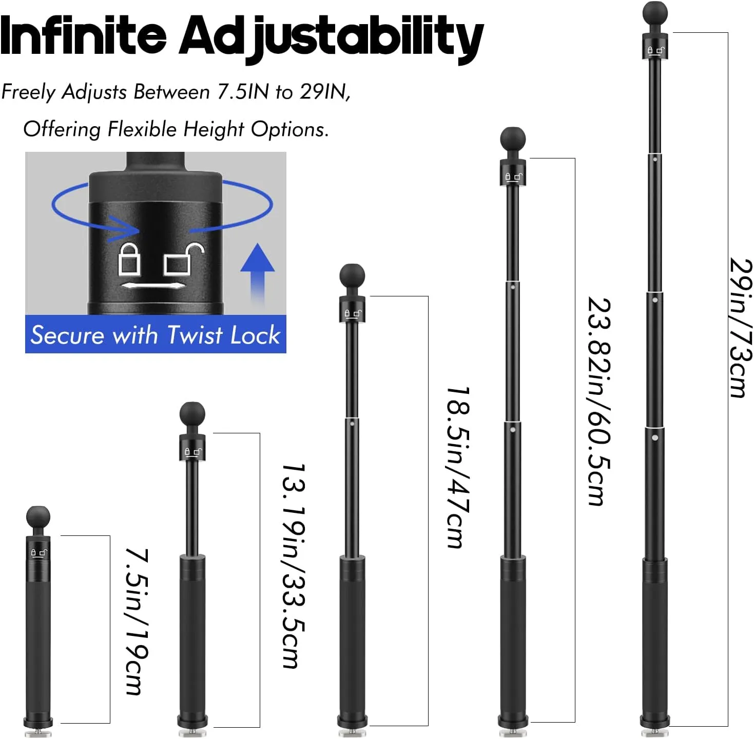 29" Adjustable Kayak Camera Mount with Infinitely Extendable Stand, Kayak Sports Camera Mounting Compatible with GoPro and 1/4" Threaded Cameras