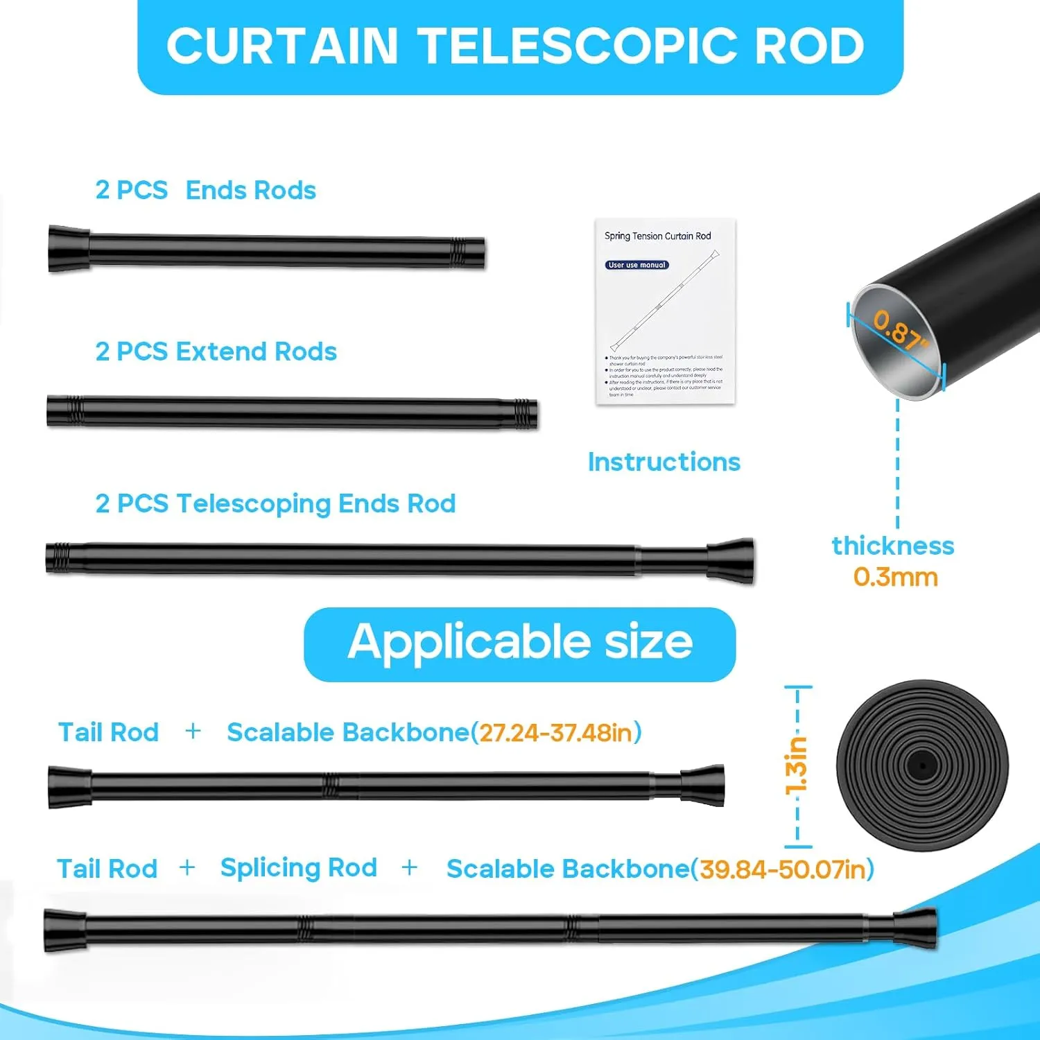 2PCS Spring Tension Curtain Rod 28 To 48 Inch Adjustable Expandable Black Tension Rod Shower Curtain Rods No Drilling Spring Loaded Curtain Rod for Windows Bathroom Closet Bedroom Doorway Door