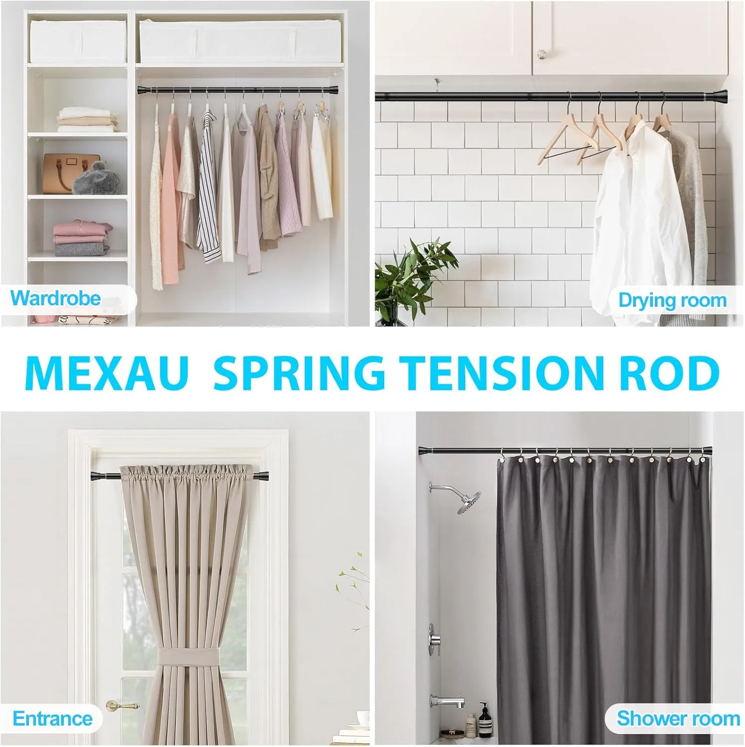 2PCS Spring Tension Curtain Rod 28 To 48 Inch Adjustable Expandable Black Tension Rod Shower Curtain Rods No Drilling Spring Loaded Curtain Rod for Windows Bathroom Closet Bedroom Doorway Door