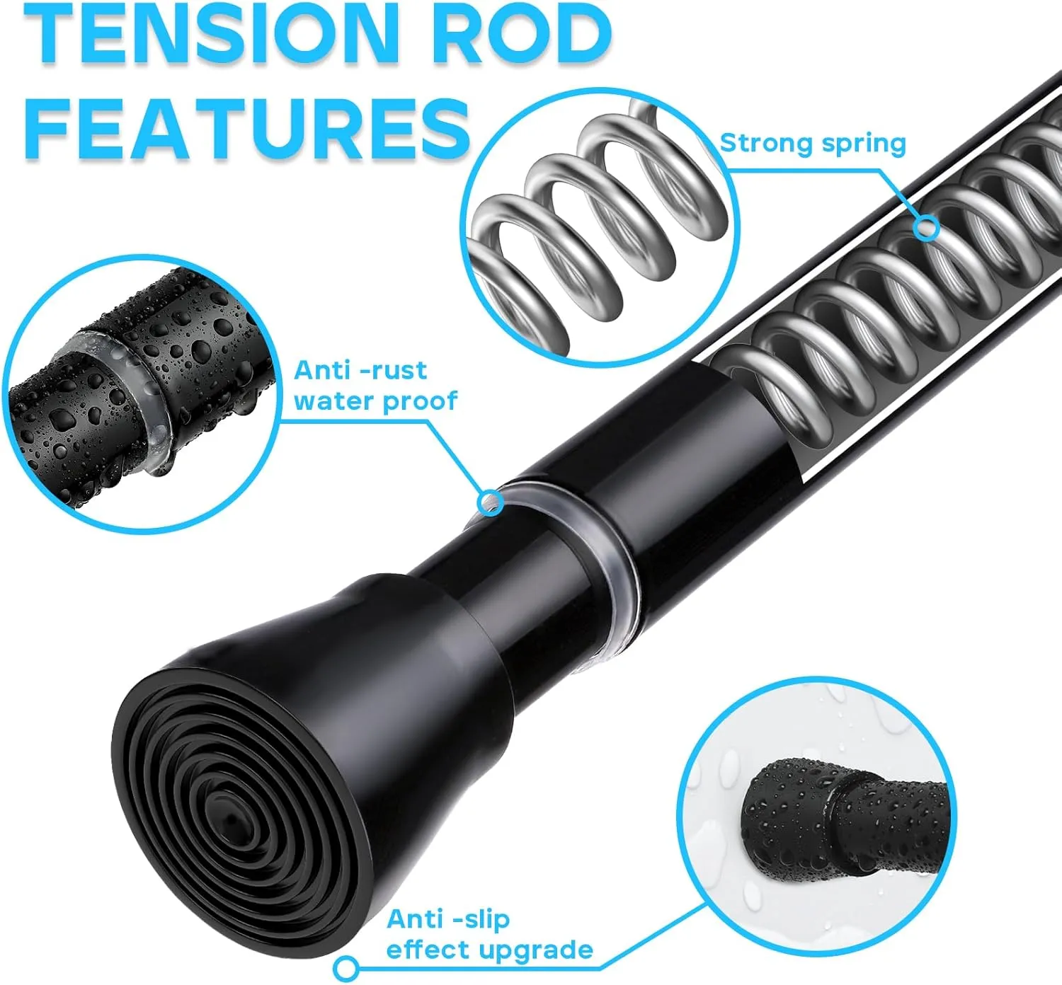 2PCS Spring Tension Curtain Rod 28 To 48 Inch Adjustable Expandable Black Tension Rod Shower Curtain Rods No Drilling Spring Loaded Curtain Rod for Windows Bathroom Closet Bedroom Doorway Door