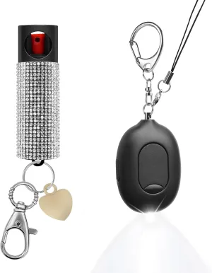 3-in-1 Personal Safety Alarm & Door Handle Alarm & Pepper Spray Combo for Women, Max Strength Pepper Gel & Jeweled Monochromatic Design, 130dB Siren & Door Stop Alarm & Led Flashlight, Rechargeable