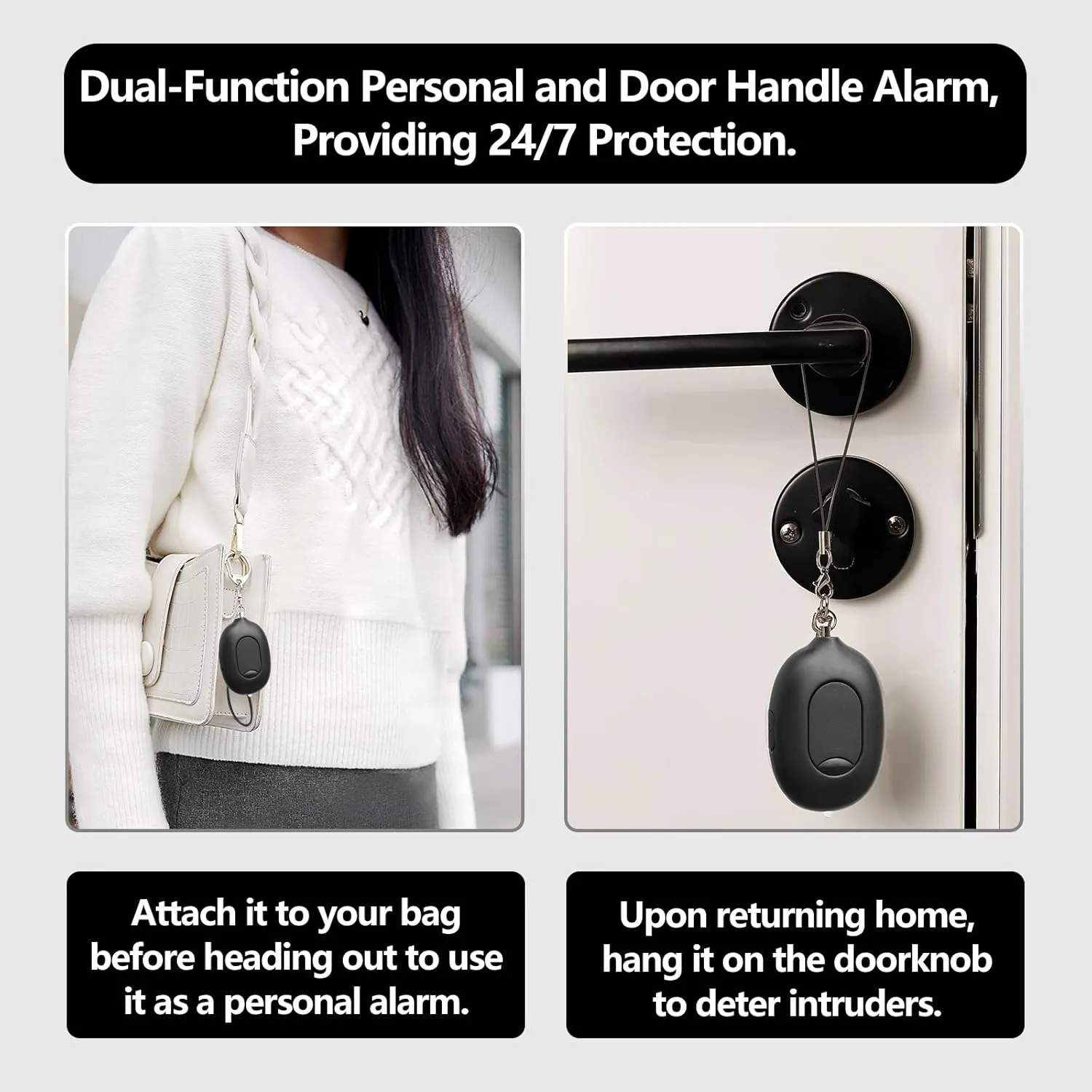 3-in-1 Personal Safety Alarm & Door Handle Alarm & Pepper Spray Combo for Women, Max Strength Pepper Gel & Jeweled Monochromatic Design, 130dB Siren & Door Stop Alarm & Led Flashlight, Rechargeable