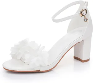 3 Inches White Women Flower Sandals Summer Wedding Shoes Bride Thick Heels Party Fashion Open Toe Pumps